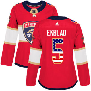 Women's Florida Panthers #5 Aaron Ekblad Red Home Authentic USA Flag Stitched NHL Jersey