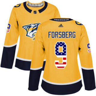 Women's Nashville Predators #9 Filip Forsberg Yellow Home Authentic USA Flag Stitched NHL Jersey