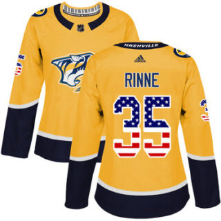 Women's Nashville Predators #35 Pekka Rinne Yellow Home Authentic USA Flag Stitched NHL Jersey