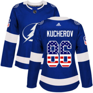 Women's Tampa Bay Lightning #86 Nikita Kucherov Blue Home Authentic USA Flag Stitched NHL Jersey