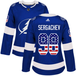 Women's Tampa Bay Lightning #98 Mikhail Sergachev Blue Home Authentic USA Flag Stitched NHL Jersey