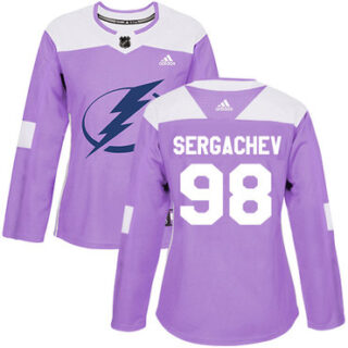Women's Tampa Bay Lightning #98 Mikhail Sergachev Purple Authentic Fights Cancer Stitched NHL Jersey