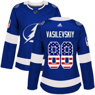 Women's Tampa Bay Lightning #88 Andrei Vasilevskiy Blue Home Authentic USA Flag Stitched NHL Jersey