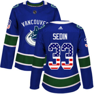 Women's Vancouver Canucks #33 Henrik Sedin Blue Home Authentic USA Flag Stitched NHL Jersey