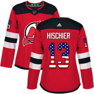 Women's New Jersey Devils #13 Nico Hischier Red Home Authentic USA Flag Stitched NHL Jersey