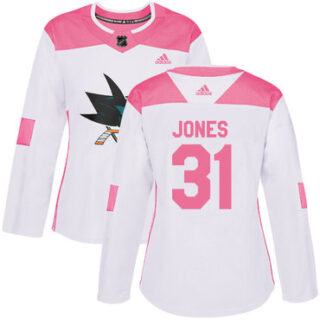 Women's San Jose Sharks #31 Martin Jones White Pink Authentic Fashion Stitched NHL Jersey