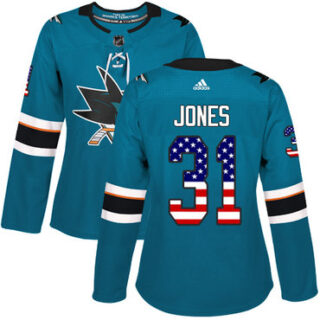 Women's San Jose Sharks #31 Martin Jones Teal Home Authentic USA Flag Stitched NHL Jersey