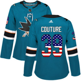 Women's San Jose Sharks #39 Logan Couture Teal Home Authentic USA Flag Stitched NHL Jersey