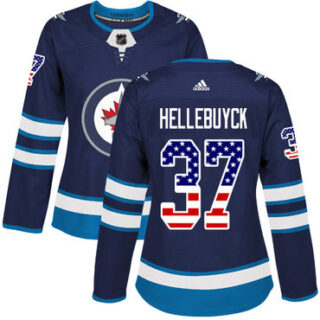 Women's Winnipeg Jets #37 Connor Hellebuyck Navy Blue Home Authentic USA Flag Stitched NHL Jersey