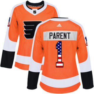 Women's Philadelphia Flyers #1 Bernie Parent Orange Home Authentic USA Flag Stitched NHL Jersey