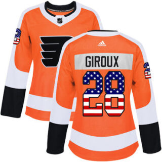 Women's Philadelphia Flyers #28 Claude Giroux Orange Home Authentic USA Flag Stitched NHL Jersey