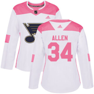 Women's St. Louis Blues #34 Jake Allen White Pink Authentic Fashion Stitched NHL Jersey