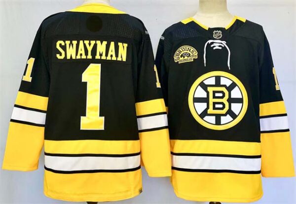 Men's Boston Bruins #1 Jeremy Swayman Black 100th Anniversary Stitched Hockey Jersey