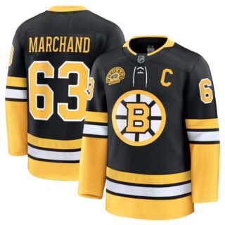 Men's Boston Bruins #63 Brad Marchand Black 100th Anniversary With C Patch Stitched Hockey Jersey