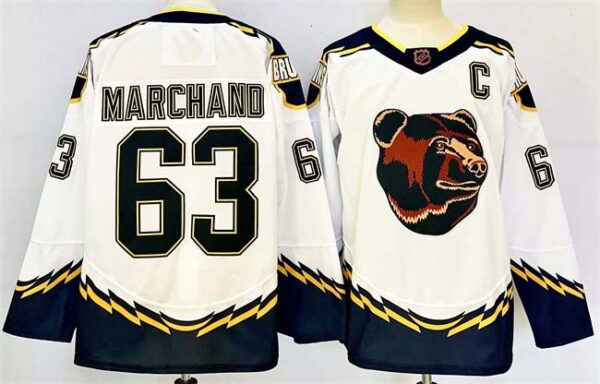 Men's Boston Bruins #63 Brad Marchand White 2024-25 With C Patch Reverse Retro Home Stitched Hockey Jersey