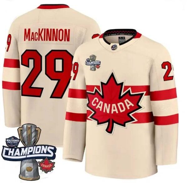 Men's Canada 2025 4 Nations Face-Off Champions Cream Nathan MacKinnon 29 All Stitched Jersey