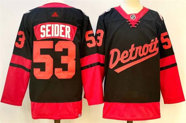 Men's Detroit Red Wings #53 Moritz Seider Black 2024-25 Stitched Jersey