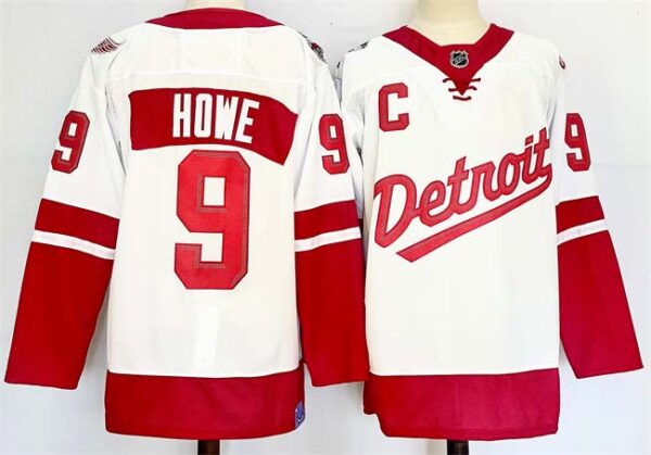 Men's Detroit Red Wings #9 Gordie Howe White Red 2024-25 With C Patch Stitched Jersey