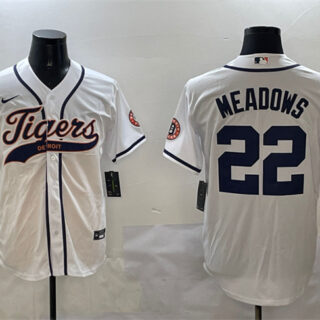 Men's Detroit Tigers #22 Parker Meadows White With Patch Cool Base Stitched Baseball Jersey