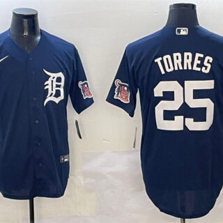Men's Detroit Tigers #25 Gleyber Torres Navy With Patch Cool Base Stitched Baseball Jersey