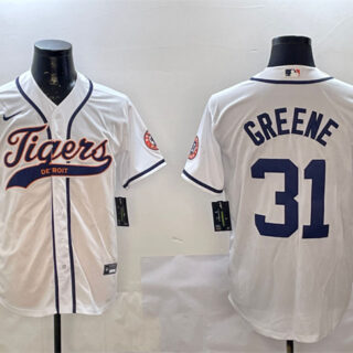 Men's Detroit Tigers #31 Riley Greene White With Patch Cool Base Stitched Baseball Jersey