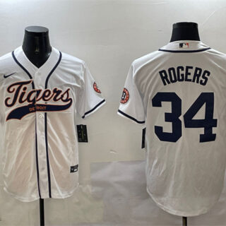 Men's Detroit Tigers #34 Jake Rogers White With Patch Cool Base Stitched Baseball Jersey