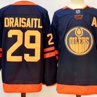 Men's Edmonton Oilers #29 Leon Draisaitl Navy 2024-25 A Patch Stitched Jersey