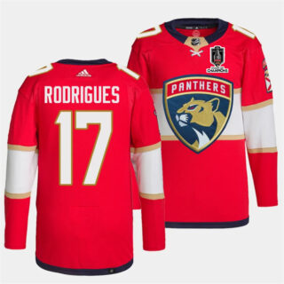 Men's Florida Panthers #17 Evan Rodrigues Red Home 2024 Stanley Cup Champions Stitched Jersey