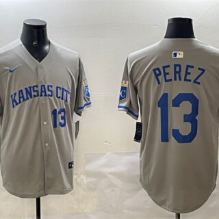 Men's Kansas City Royals #13 Salvador Perez Grey 2024 Away Limited Stitched Baseball Jersey