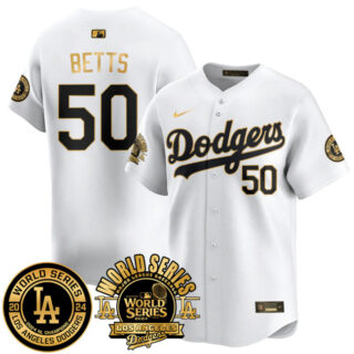 Men's Los Angeles Dodgers #50 Mookie Betts White Gold 2024 World Series Patch Vapor Premier Limited Stitched Baseball Jersey