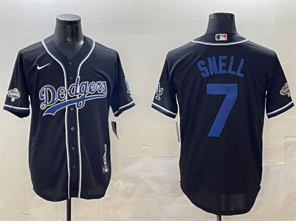 Men's Los Angeles Dodgers #7 Blake Snell Black 2024 World Series Champions Cool Base Stitched Baseball Jerseys