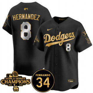 Men's Los Angeles Dodgers #8 Enrique Hernandez Black Gold 2024 World Series Champions & Fernando Memorial Patch Vapor Premier Limited Stitched Baseball Jersey