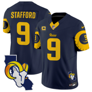Men's Los Angeles Rams #9 Matthew Stafford Navy 2025 4-Star C Patch F.U.S.E. V2 Limited Stitched Football Jersey