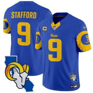 Men's Los Angeles Rams #9 Matthew Stafford Royal 2025 4-Star C Patch F.U.S.E. V2 Limited Stitched Football Jersey