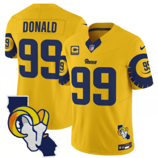 Men's Los Angeles Rams #99 Aaron Donald Gold 2025 4-Star C Patch F.U.S.E. V2 Limited Stitched Football Jersey