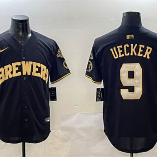 Men's Milwaukee Brewers #9 Bob Uecker Black Gold With Home Patch Limited Stitched Baseball Jersey
