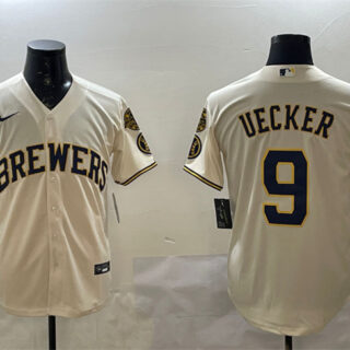 Men's Milwaukee Brewers #9 Bob Uecker Cream With Home Patch Stitched Baseball Jersey