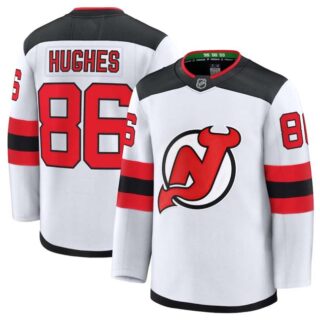 Men's New Jersey Devils #86 Hughes Fanatics White 2024-25 Away Stitched Hockey Jersey