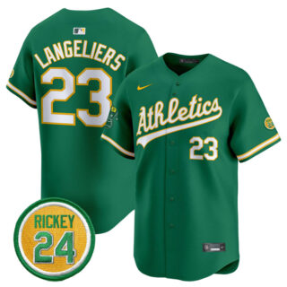 Men's Oakland Athletics #23 Shea Langeliers Green 2024 Limited With Rickey Henderson Patch Stitched Jersey