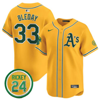 Men's Oakland Athletics #33 JJ Bleday Yellow 2024 Limited With Rickey Henderson Patch Stitched Jersey