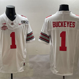 Men's Ohio State Buckeyes #1 Buckeyes White 2025 CFP Final With National Champions Patch F.U.S.E. Vapor Limited Stitched Football Jersey