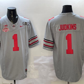 Men's Ohio State Buckeyes #1 Quinshon Judkins Grey 2025 CFP Final With National Champions Patch F.U.S.E. Vapor Limited Stitched Football Jersey