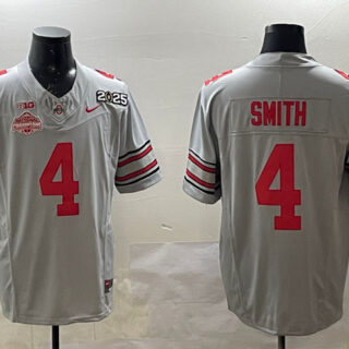Men's Ohio State Buckeyes #4 Jeremiah Smith Grey 2025 CFP Final With National Champions Patch F.U.S.E. Vapor Limited Stitched Football Jersey