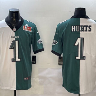 Men's Philadelphia Eagles #1 Jalen Hurts White & Green Split 2025 Super Bowl LIX Patch Vapor Untouchable Limited Stitched Football Jersey