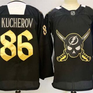 Men's Tampa Bay Lightning #86 Nikita Kucherov 2024-25 Black Gasparilla Inspired Pirate-Themed Warmup Stitched Jersey