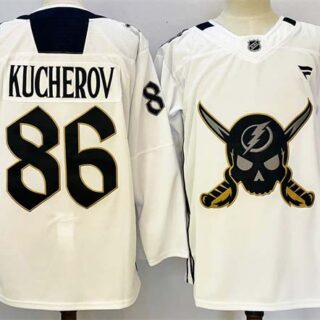 Men's Tampa Bay Lightning #86 Nikita Kucherov 2024-25 White Gasparilla Inspired Pirate-Themed Warmup Stitched Jersey
