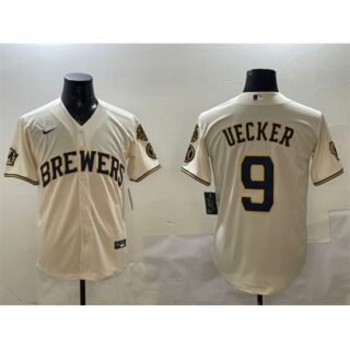 Men's Milwaukee Brewers #9 Bob Uecker Cream With Home Stitched Baseball Jersey