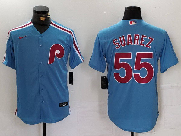 Men's Philadelphia Phillies #55 Ranger Suarez Light Blue Throwback Replica Jersey