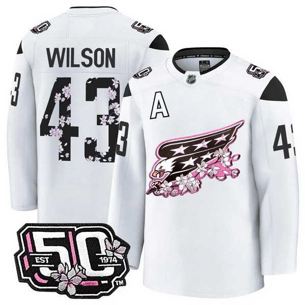 Men's Washington Capitals #43 Tom Wilson 50th Anniversary Cherry Blossom Premium White Jersey - All Stitched