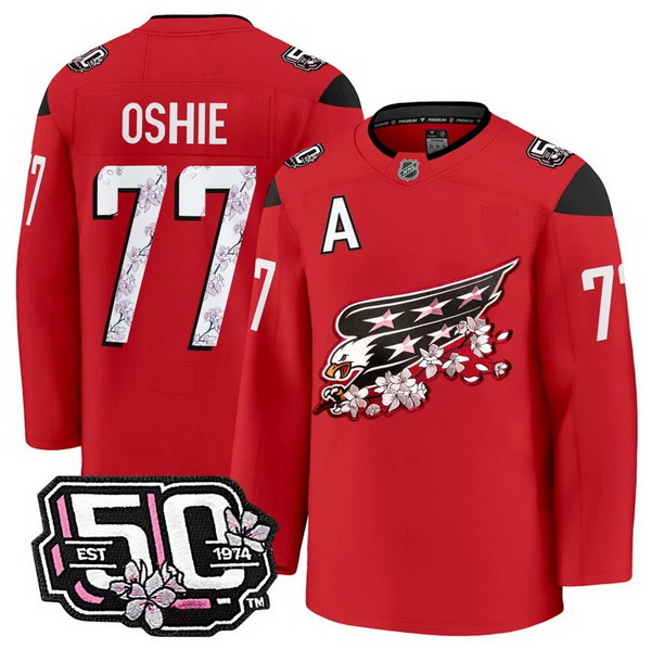 Men's Washington Capitals #77 T.J. Oshie 50th Anniversary Cherry Blossom Premium Red Jersey - All Stitched